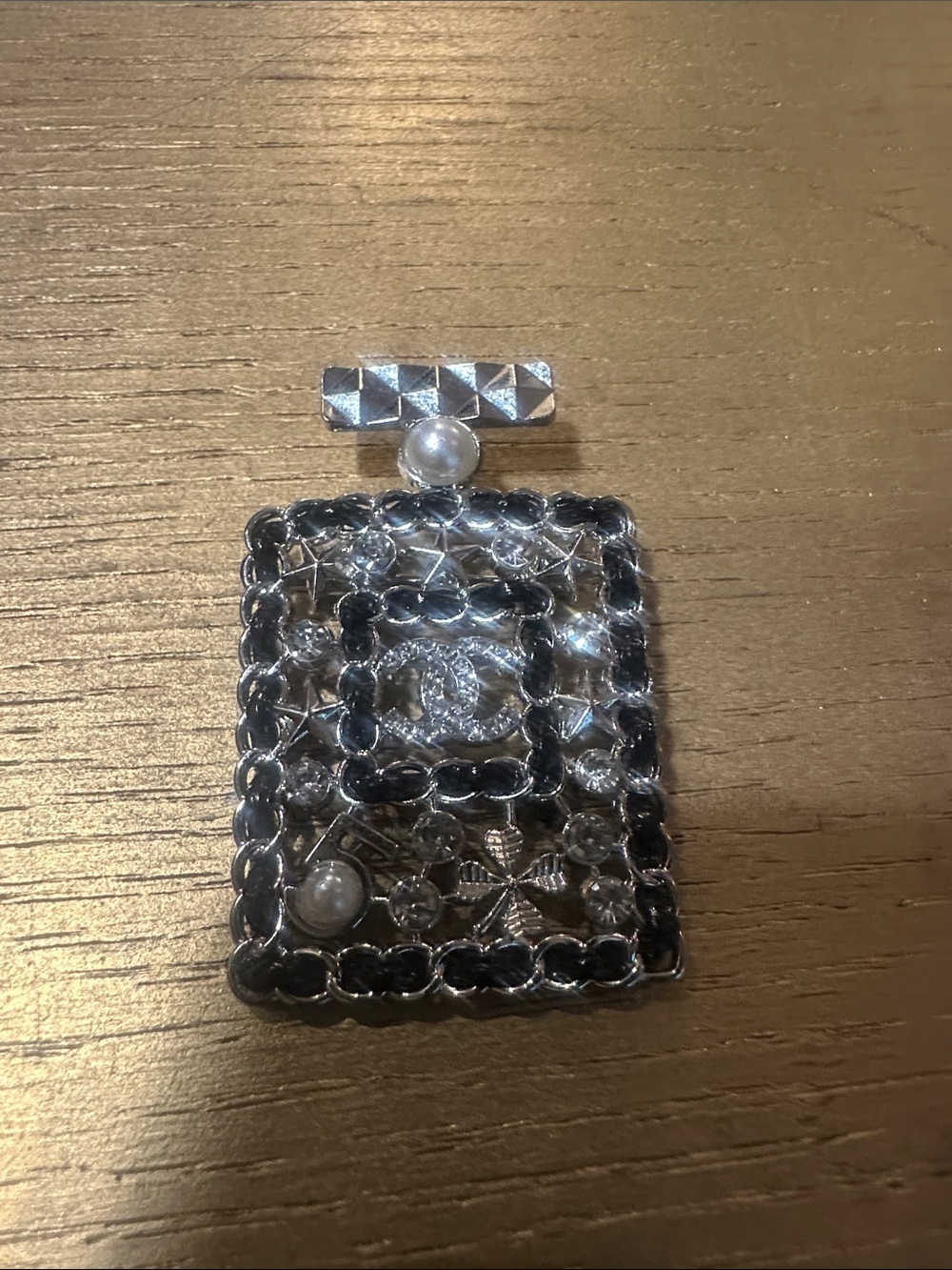 FASHION- Silver-Tone Crystal and  Black Brooch with Faux Pearls